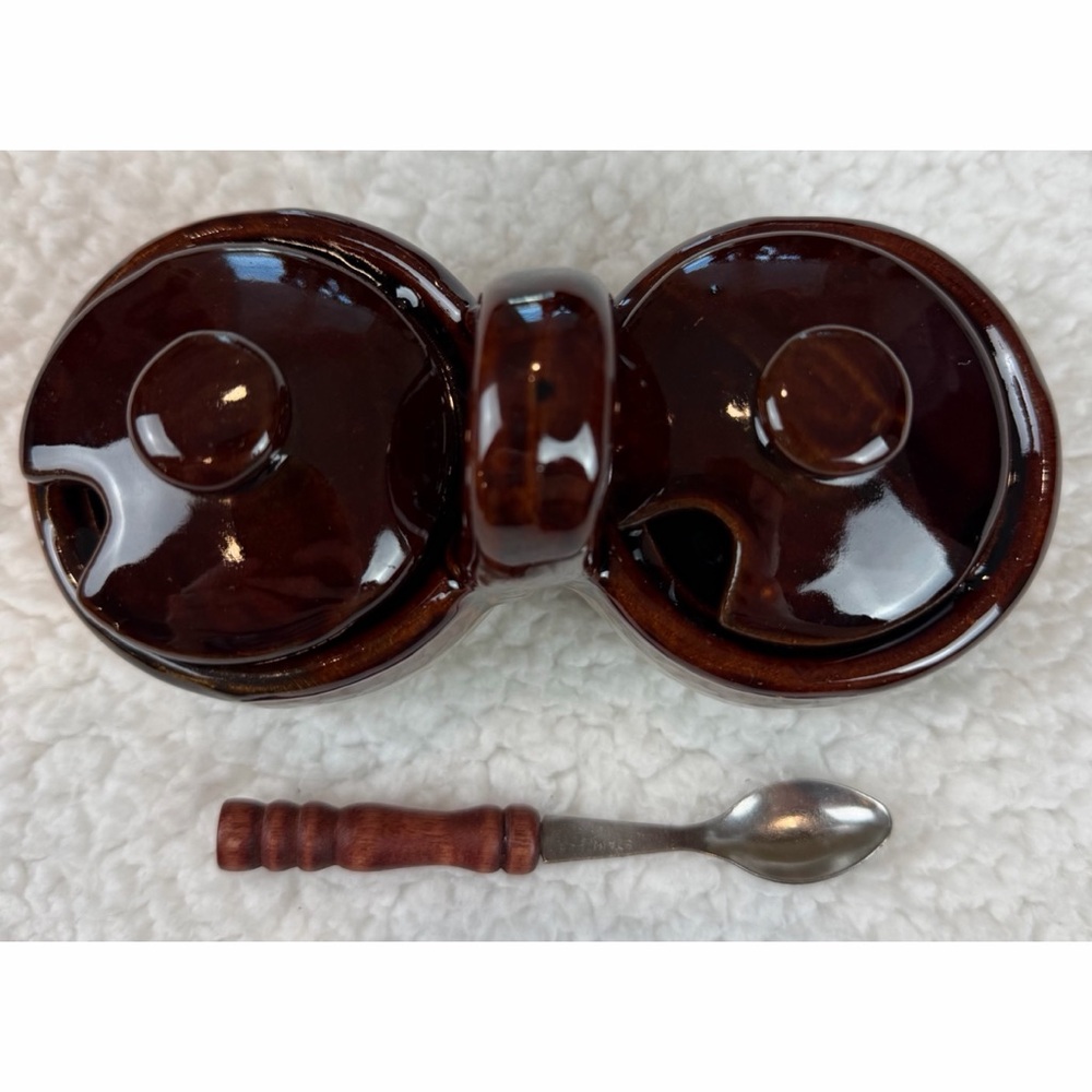 (VTG) Brown/Tan Ceramic Double Condiment Caddy Dish with Spoon - Picture 6 of 15